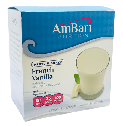 AmBari Nutrition French Vanilla Shake in a glass, showing a creamy vanilla-colored beverage with a scoop of vanilla protein powder