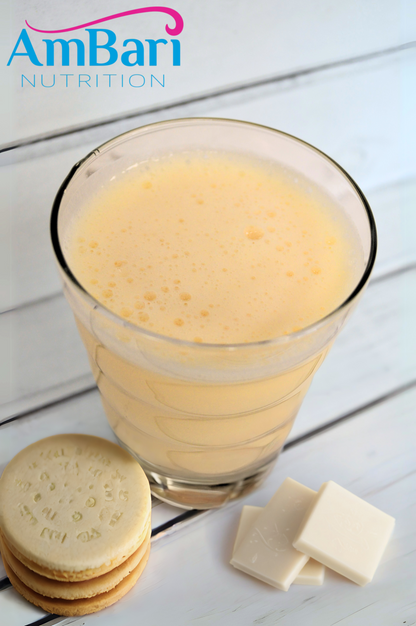 AmBari Nutrition French Vanilla Shake in a glass, showing creamy vanilla flavor and smooth texture, ideal as a meal replacement.