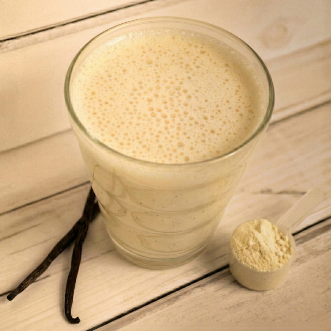 Creamy French Vanilla Shake by AmBari Nutrition, showing a smooth vanilla-flavored protein shake in a glass.
