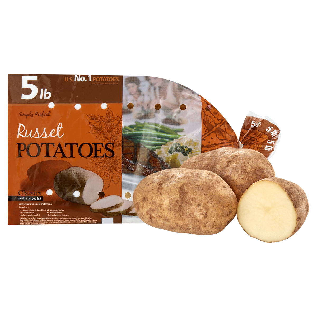 Fresh whole Russet potatoes from BACKUPMYFILESNOW® in a 5 lb bag, showing clean, unpeeled potatoes ready for cooking or baking.