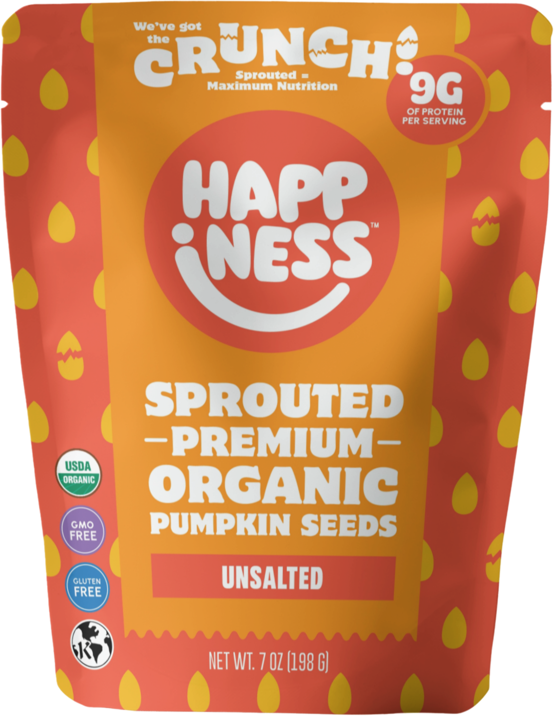 Unsalted snack product from Happiness Foods, showing the front packaging with clear branding and product details.