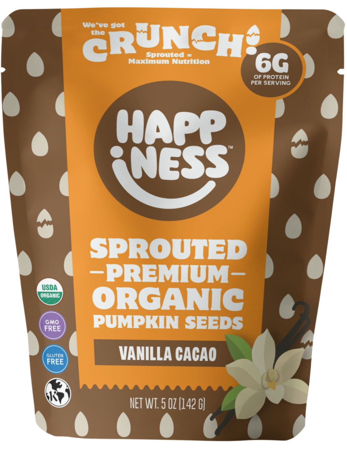 Front view of vanilla cacao product from happinessfoods.com, showcasing the packaging with vanilla and cacao ingredients.