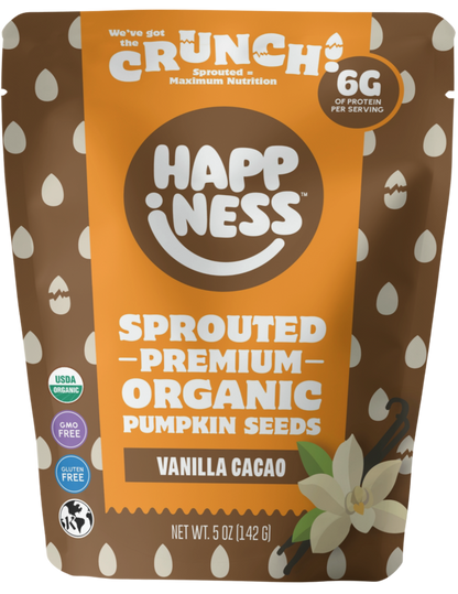 Front view of vanilla cacao product from happinessfoods.com, showcasing the packaging with vanilla and cacao ingredients.
