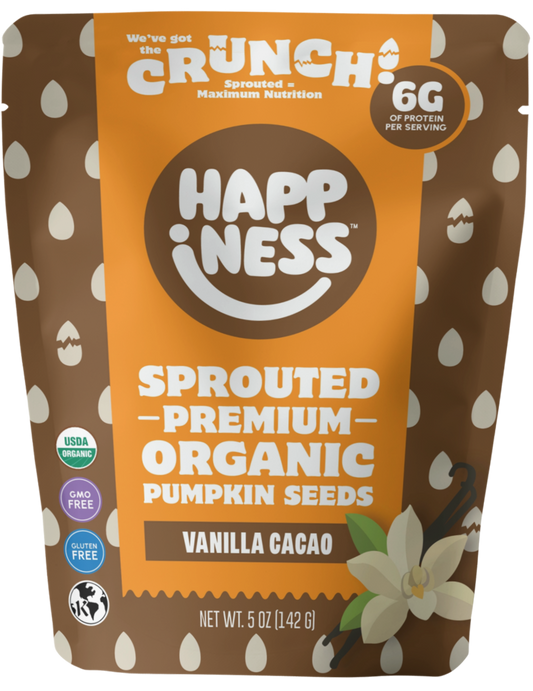 Front view of vanilla cacao product from happinessfoods.com, showcasing the packaging with vanilla and cacao ingredients.