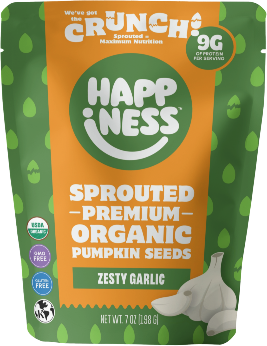 Front view of a jar of Happiness Foods Zesty Garlic seasoning with fresh garlic cloves and herbs visible inside.
