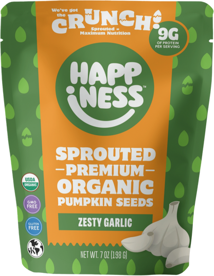 Front view of a jar of Happiness Foods Zesty Garlic seasoning with fresh garlic cloves and herbs visible inside.
