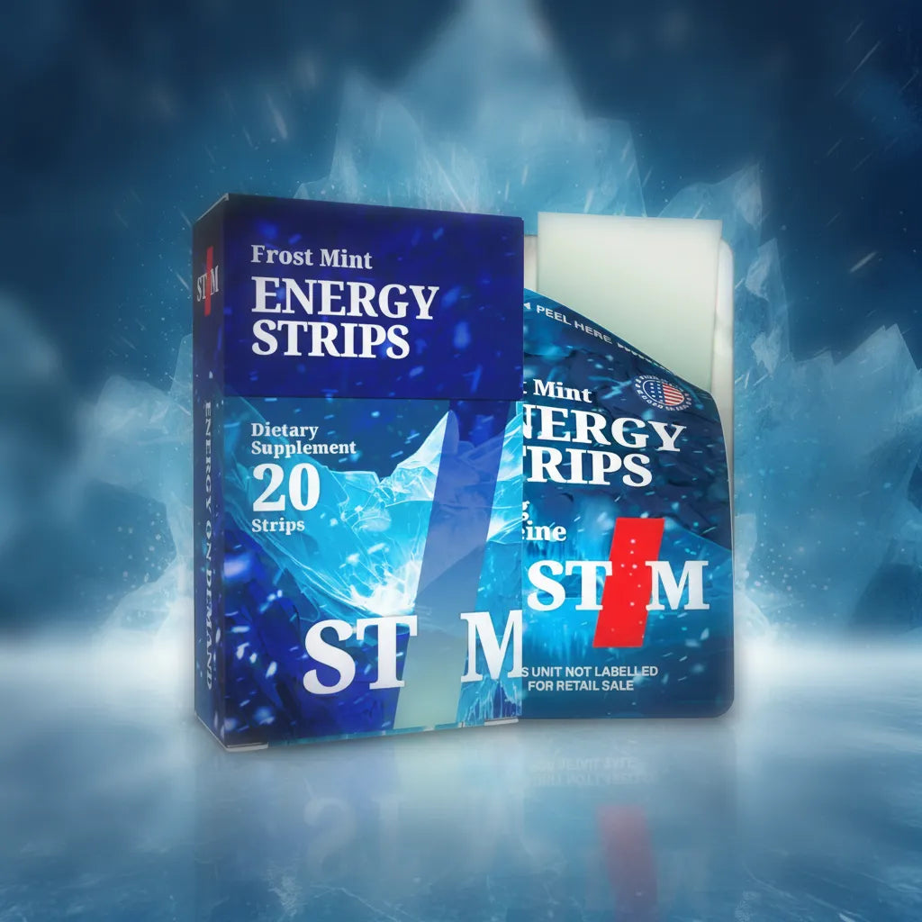 Frost Mint STIM Energy Strips in a pack of 20, oral dissolving strips for a quick energy boost from STIM Energy On Demand.