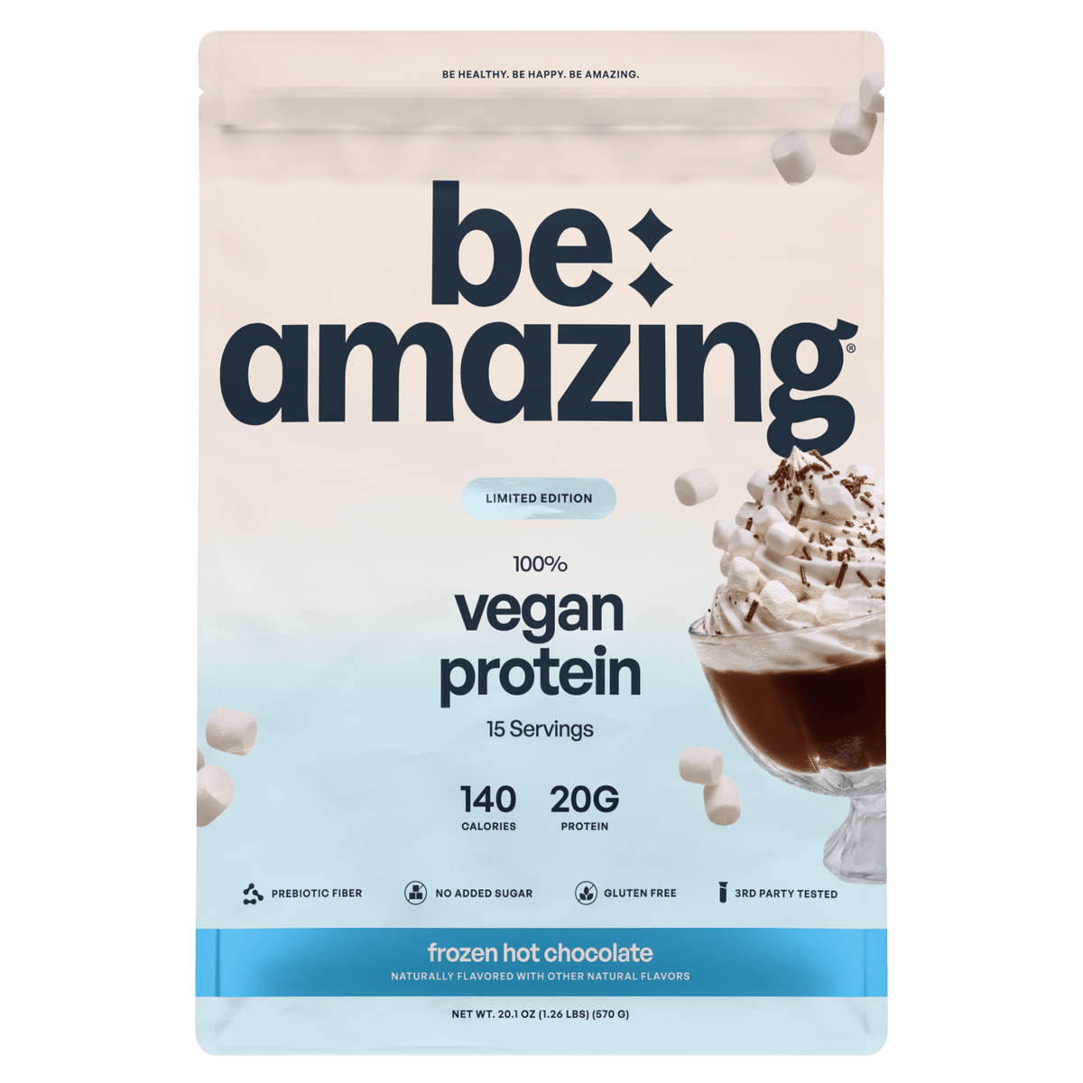 Frozen hot chocolate vegan protein powder by Be Amazing, showing the packaging with a scoop of the vegan protein powder.