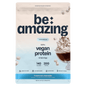 Frozen hot chocolate vegan protein powder by Be Amazing, showing the packaging with a scoop of the vegan protein powder.