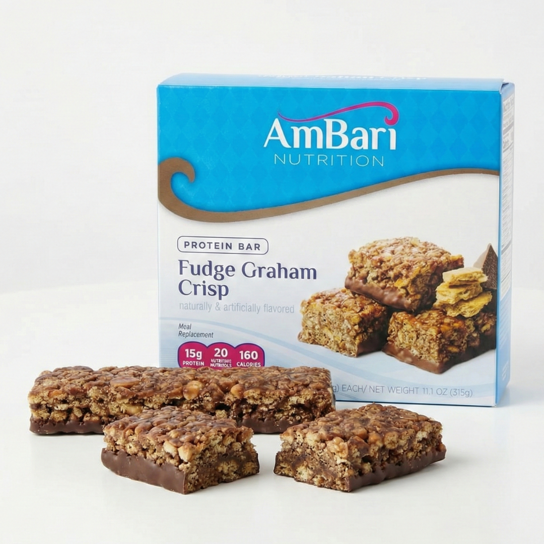 AmBari Nutrition Fudge Graham Bars showing crispy chocolate fudge layers and graham cracker pieces in a close-up view.