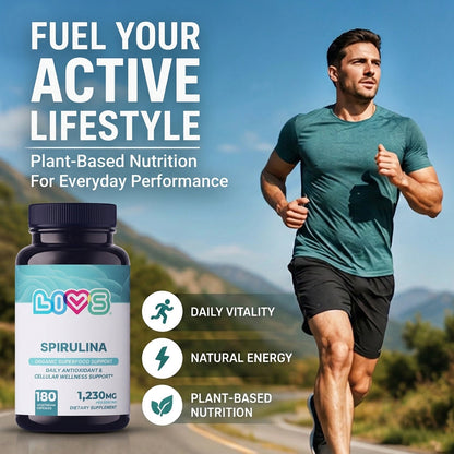 Organic spirulina capsules by LIVS, green supplement bottles for boosting energy and nutrition in a healthy lifestyle.
