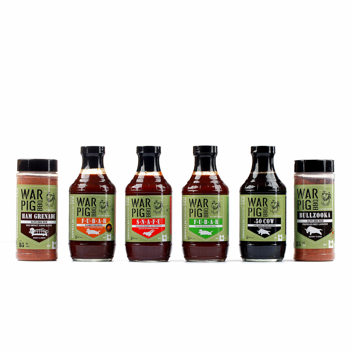 WarPig BBQ Full Battle Rattle 6 Pack Combo featuring a variety of grilling tools and accessories displayed on a wooden surface.