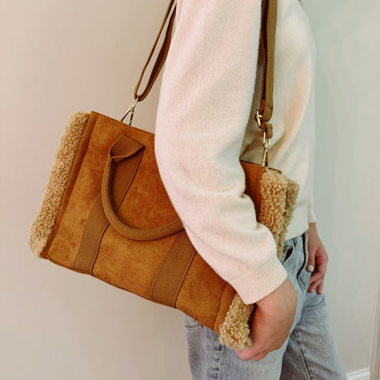 Ellisonyoung Tote Crossbody Bag with handles, beige fabric, featuring a spacious main compartment and stylish design.