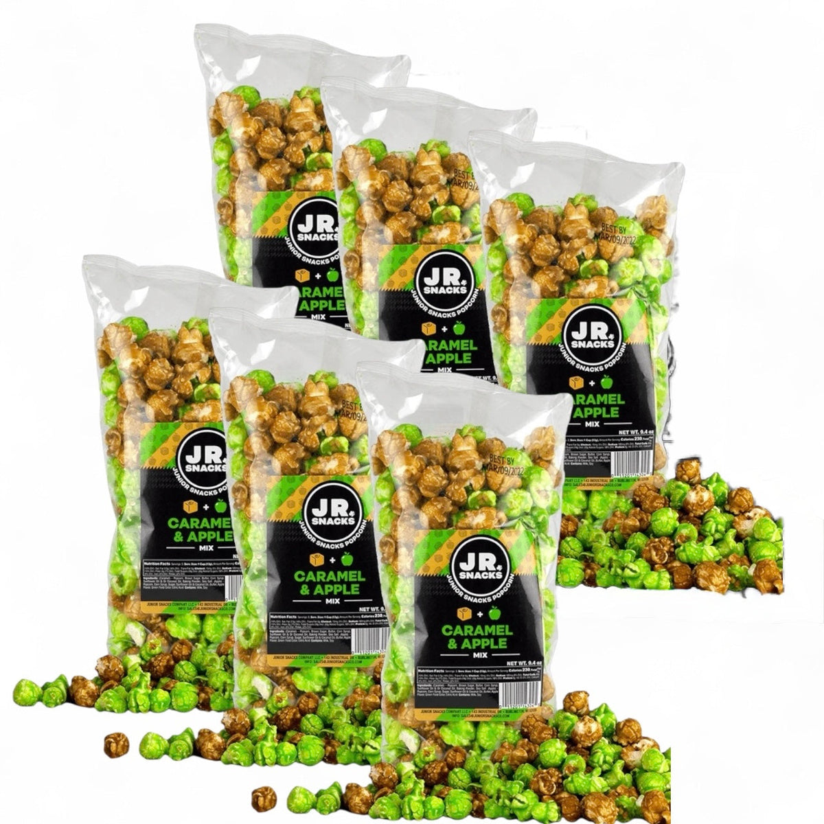 Junior Snacks Company caramel and apple flavored snack pack with colorful packaging and cartoon apple illustration.