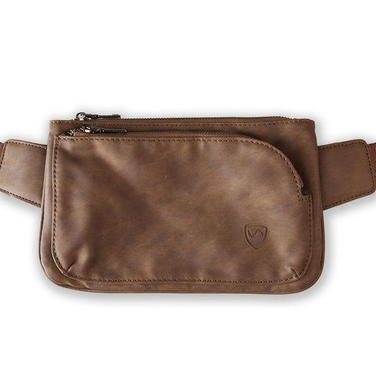 Shield Your Body Metro vegan leather cross body fanny pack with mobile phone pocket on a white background.