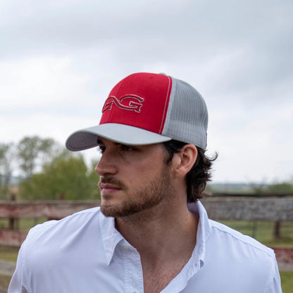 Crimson GameGuard meshback cap with glacier-colored mesh panel, adjustable strap, and curved brim for a sporty look.