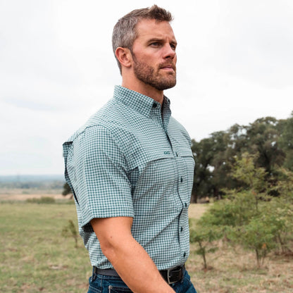GameGuard Mallard TekCheck shirt featuring a plaid pattern, button-up style, and casual fit, displayed on a hanger.