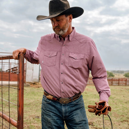 Maroon long sleeve pearl snap shirt by GameGuard featuring pearl snap buttons and classic western style.
