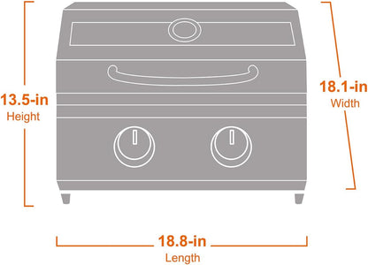 Stainless tabletop propane gas grill by Monument Grills with a compact cooking surface and control knobs for outdoor grilling.