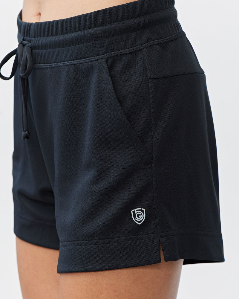 Black Goal Five G5 Advance 4.5-inch knit shorts displayed on a flat surface with a focus on the fabric texture and design.