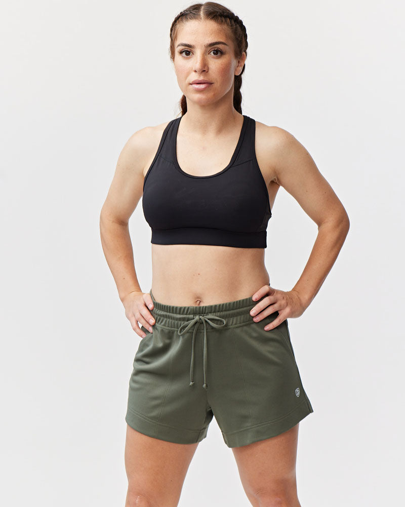 Dark moss green G5 Advance 4.5-inch knit shorts by Goal Five, showing the textured fabric and casual fit.