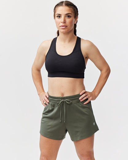 Dark moss green G5 Advance 4.5-inch knit shorts by Goal Five, showing the textured fabric and casual fit.