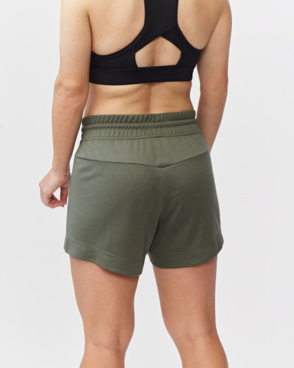 Dark moss green G5 Advance 4.5-inch knit shorts by Goal Five, showing the soft, textured fabric and comfortable fit.