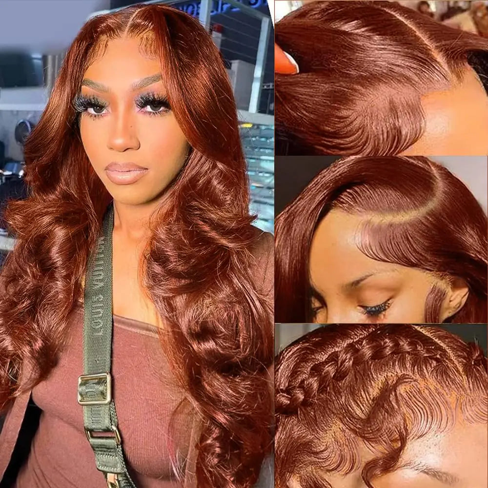 KTOOYKE 24 Inch 13x6 Reddish Brown Lace Front Wigs Human Hair Pre Plucked 200% Density Body Wave Hd Lace Front Wigs Human Hair Colored Copper Red Lace Frontal Wigs Human Hair 13x6 Brown Glueless Wigs