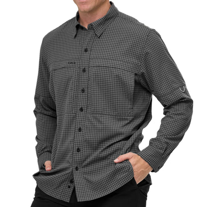 Gunmetal TekCheck shirt by GameGuard, long sleeve TekCheck shirt with a stylish check pattern and button-up front.