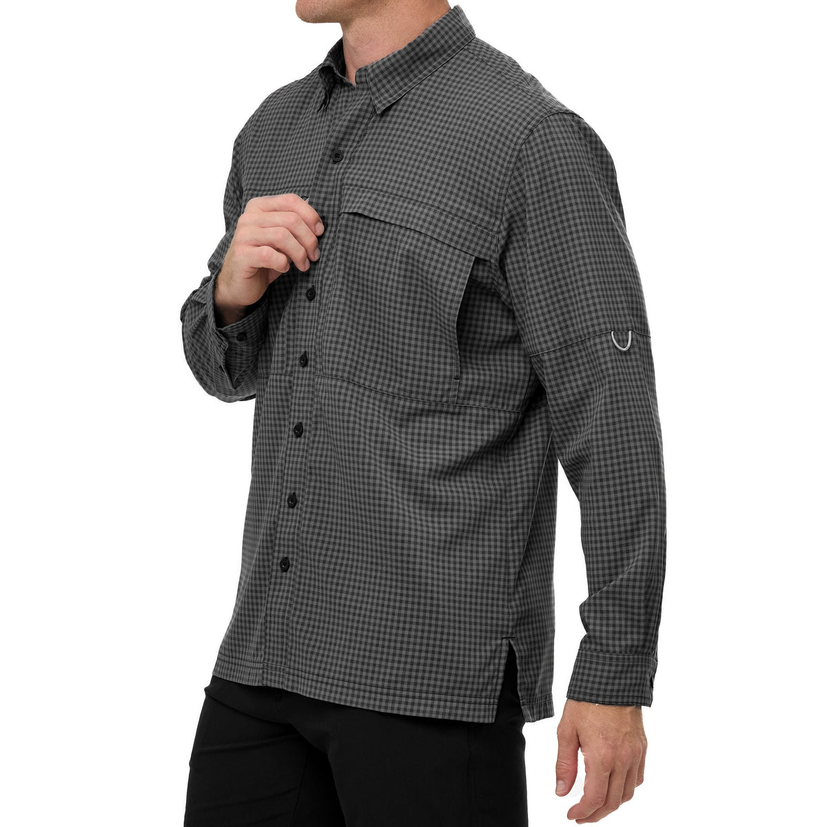 GunMetal TekCheck long sleeve shirt by GameGuard featuring a modern checkered pattern and tailored fit.