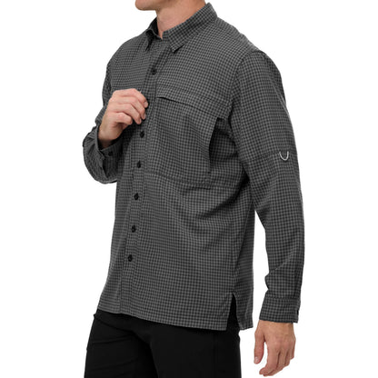 GunMetal TekCheck long sleeve shirt by GameGuard featuring a modern checkered pattern and tailored fit.