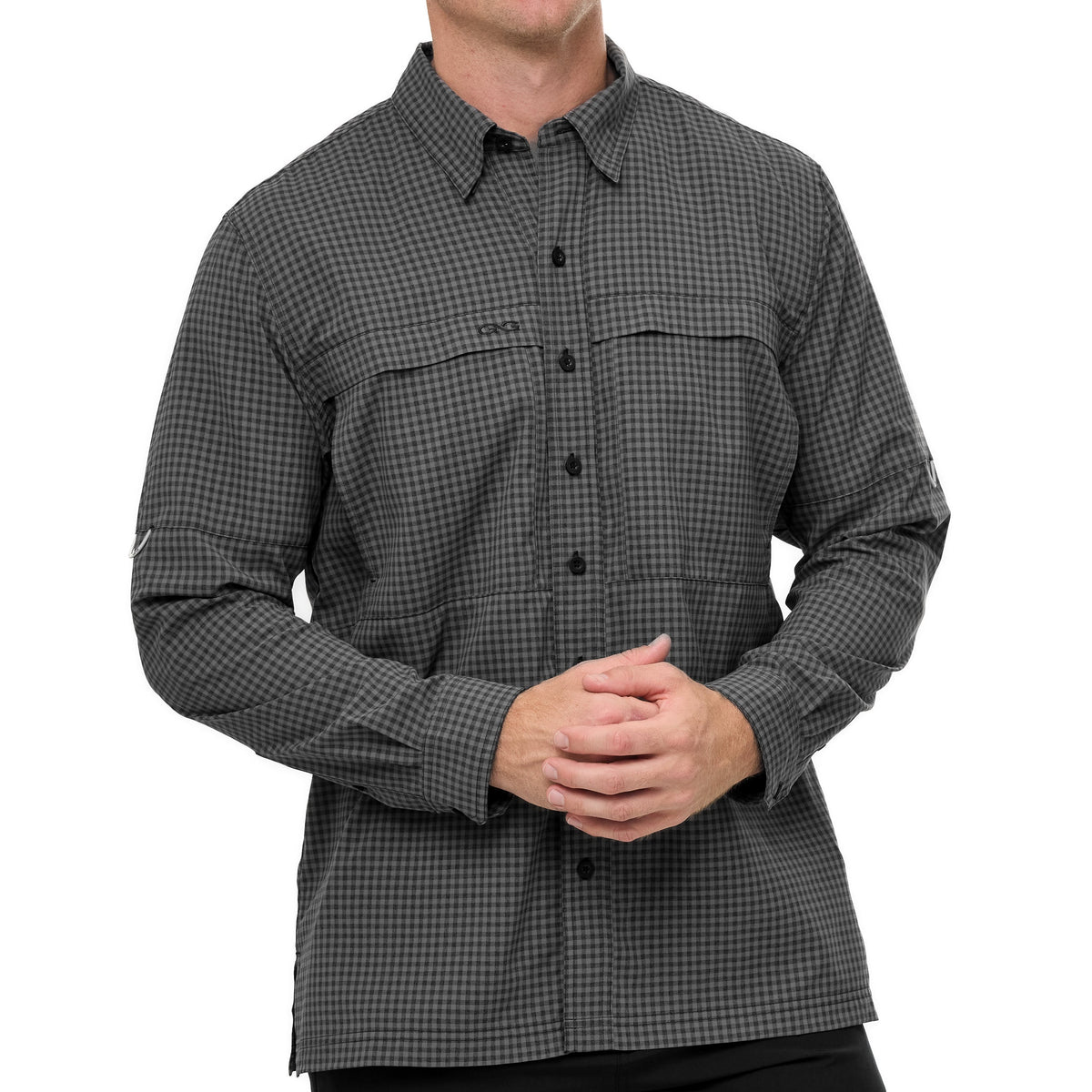 GunMetal TekCheck long sleeve shirt by GameGuard featuring a modern checkered pattern and tailored fit.
