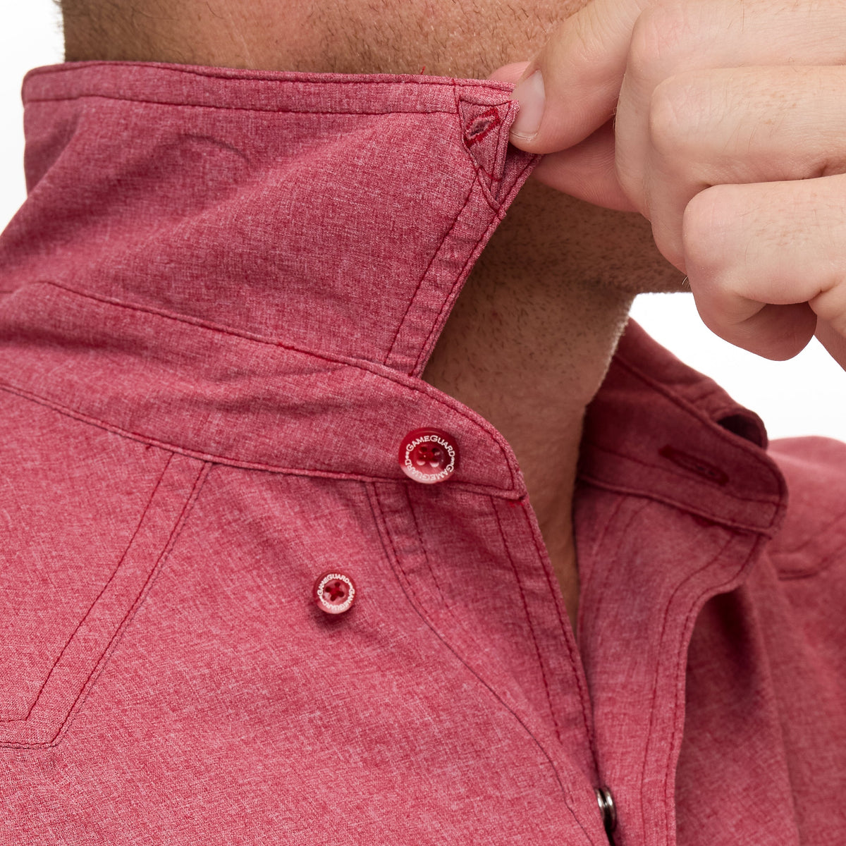 Crimson pearl snap shirt from GameGuard, long sleeve Western-style button-up with pearl snap closures and chest pockets.