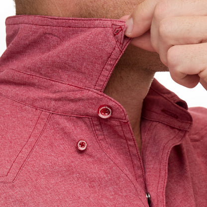 Crimson pearl snap shirt from GameGuard, long sleeve Western-style button-up with pearl snap closures and chest pockets.