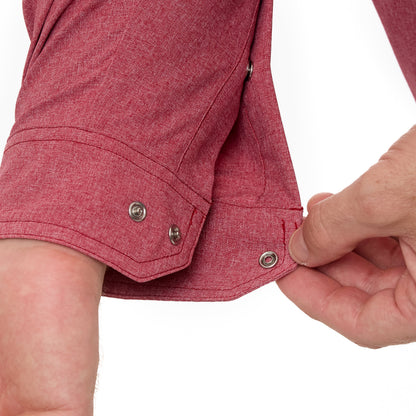 Crimson pearl snap long sleeve shirt by GameGuard with pearl snap buttons and Western-inspired design.