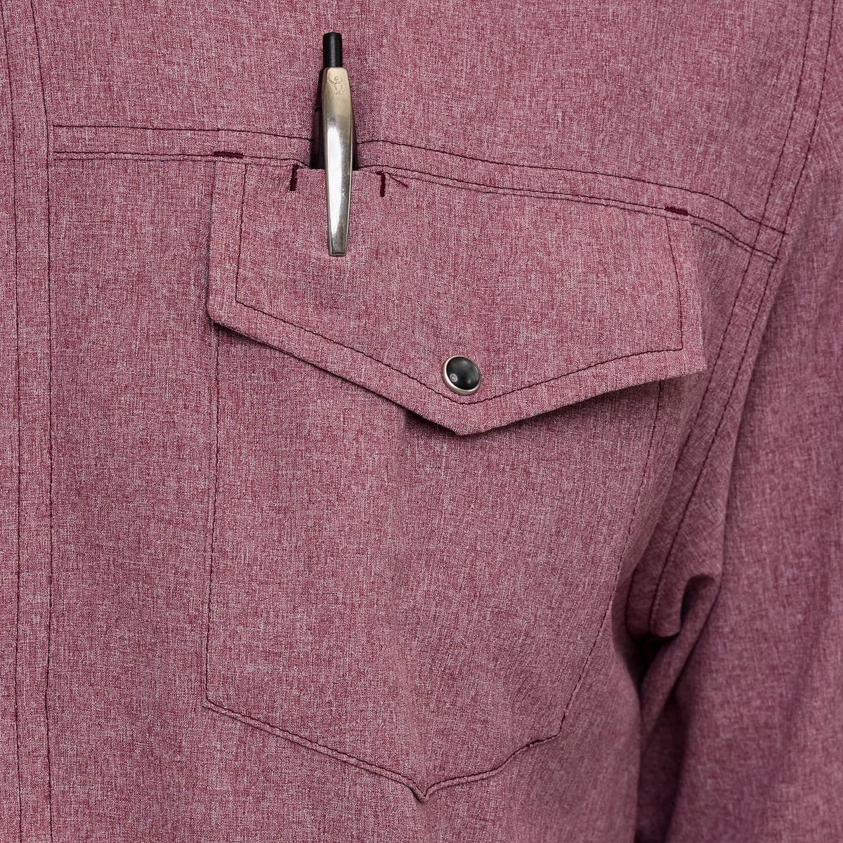 Maroon long sleeve pearl snap shirt by GameGuard, featuring button closures and a classic western style.