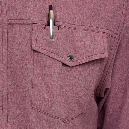 Maroon long sleeve pearl snap shirt by GameGuard, featuring button closures and a classic western style.