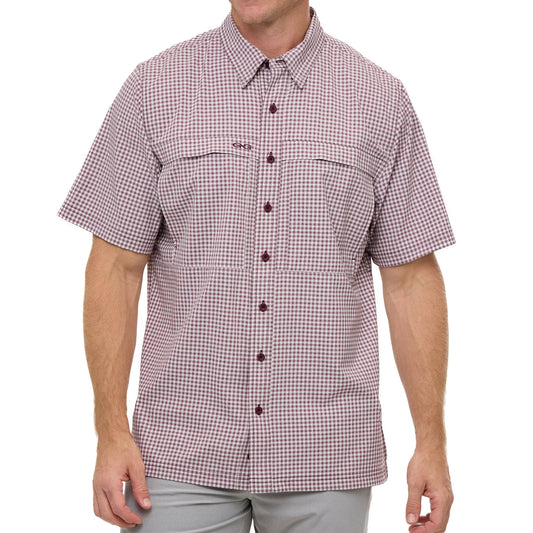 Maroon TekCheck shirt by GameGuard featuring a patterned fabric, long sleeves, and a classic collar.