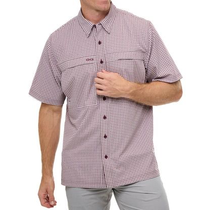 Maroon TekCheck Shirt by GameGuard, featuring a classic checkered pattern and button-up design, suitable for casual or outdoor wear.