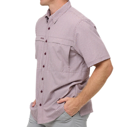 Maroon TekCheck shirt by GameGuard featuring a stylish checkered pattern and classic collar design.