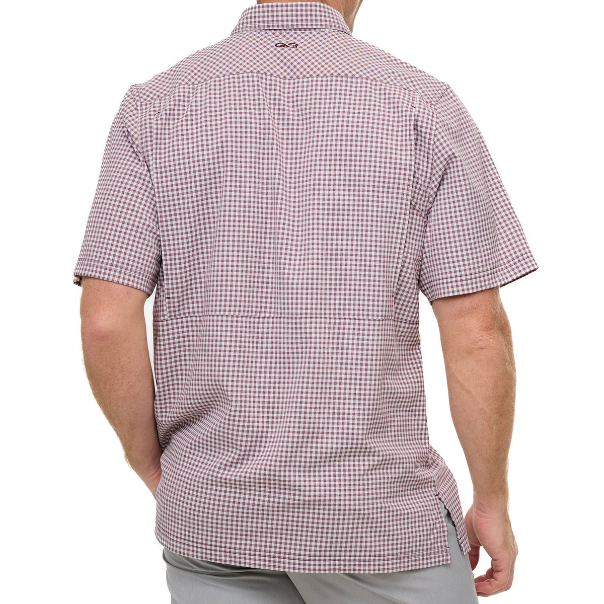 Maroon TekCheck shirt by GameGuard featuring a plaid pattern, button-down collar, and long sleeves, displayed on a hanger.