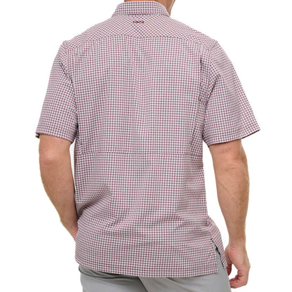 Maroon TekCheck shirt by GameGuard featuring a plaid pattern, button-down collar, and long sleeves, displayed on a hanger.