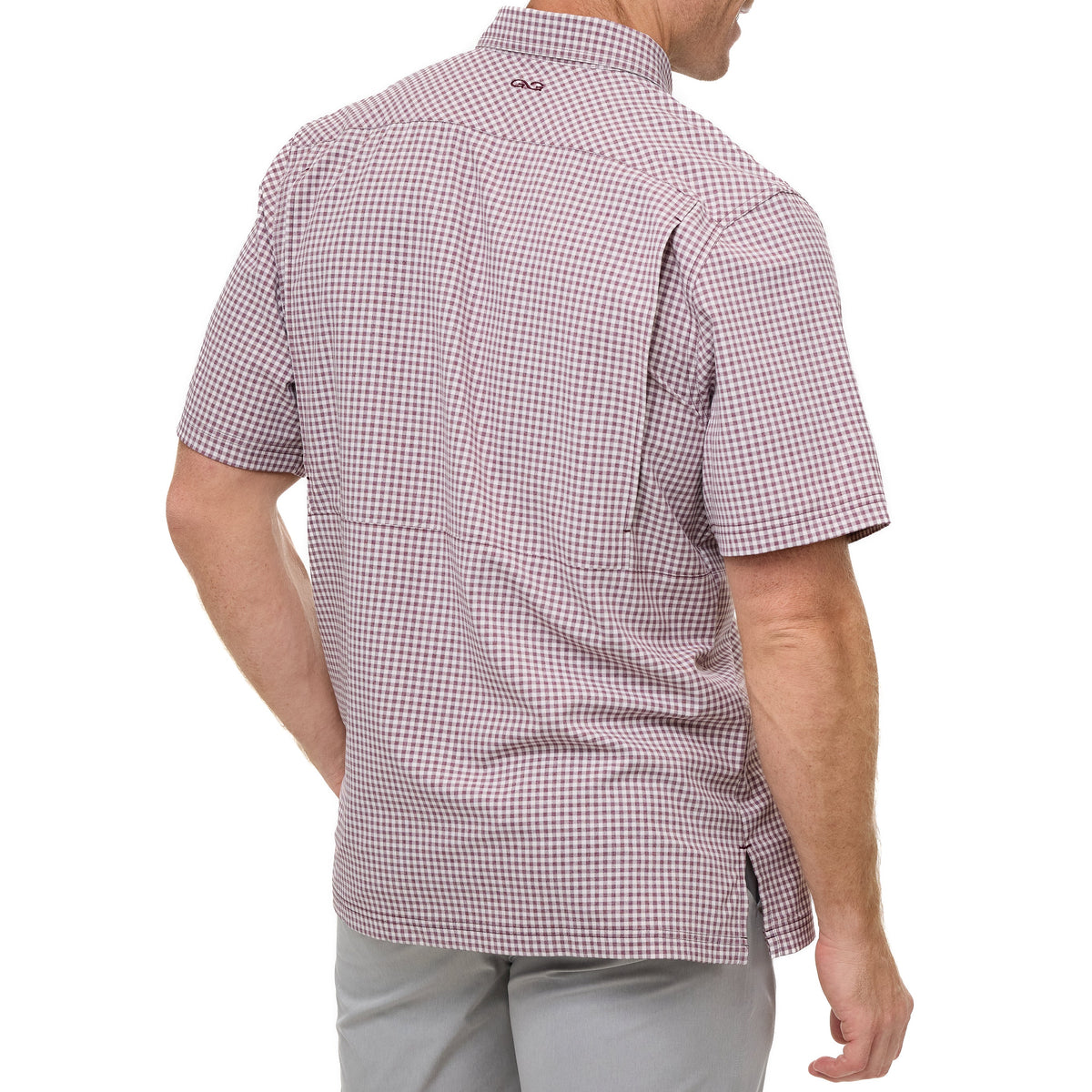 Maroon TekCheck shirt by GameGuard, featuring a stylish checkered pattern and classic design, shown on a hanger.