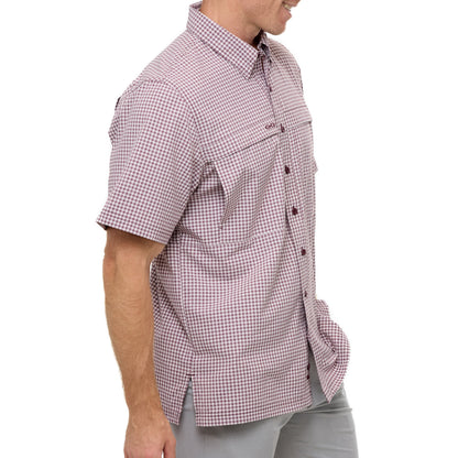 Maroon TekCheck shirt by GameGuard, featuring a stylish checkered pattern, long sleeves, and a classic collar.