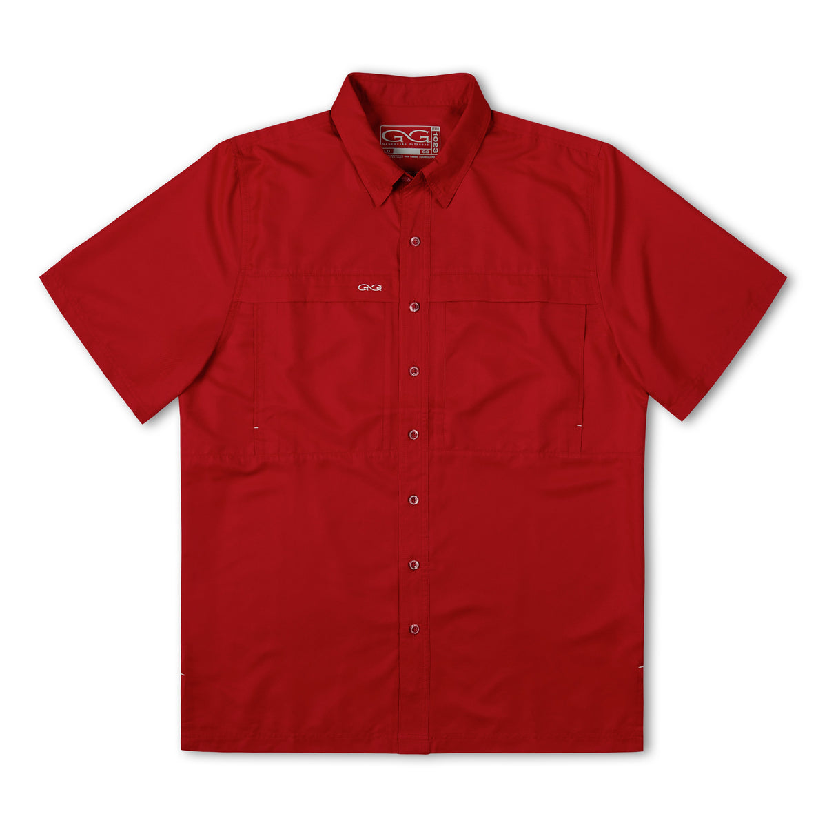 Crimson GameGuard Original Shirt, men's casual shirt in vibrant crimson color, displayed on a hanger.