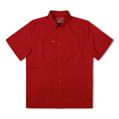 Crimson GameGuard Original Shirt, men's casual shirt in vibrant crimson color, displayed on a hanger.