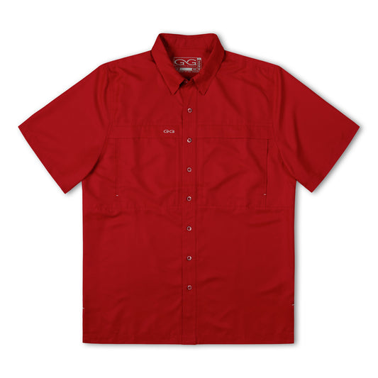 Crimson GameGuard Original Shirt, men's casual shirt in vibrant crimson color, displayed on a hanger.