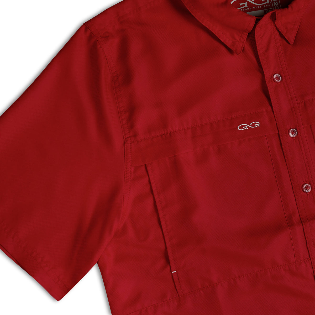 Crimson GameGuard Original Shirt in red with logo, displayed flat on a white background, showcasing the casual design and fabric texture.