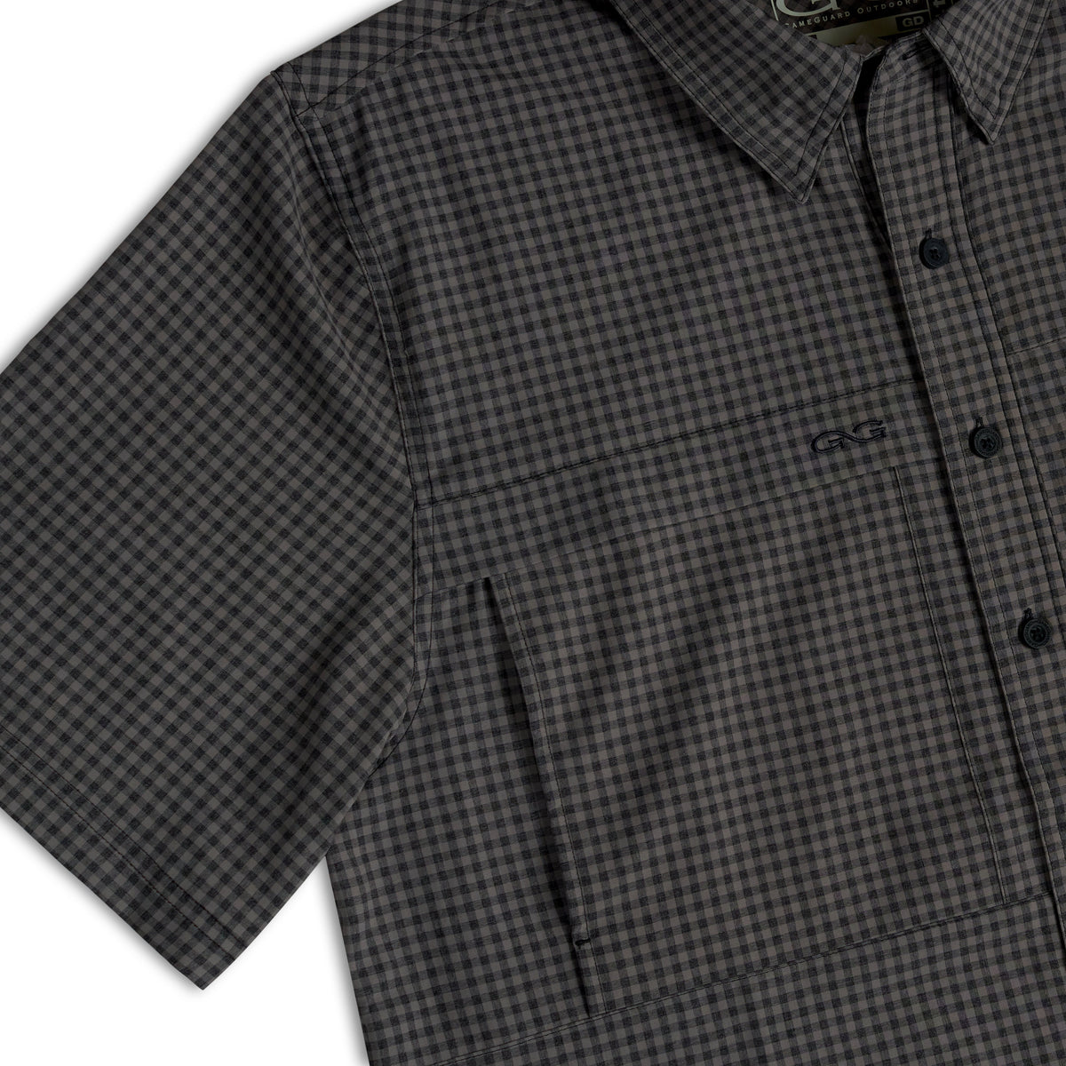 GunMetal TekCheck Shirt by GameGuard, featuring a modern checkered pattern in gunmetal color, displayed on a hanger.