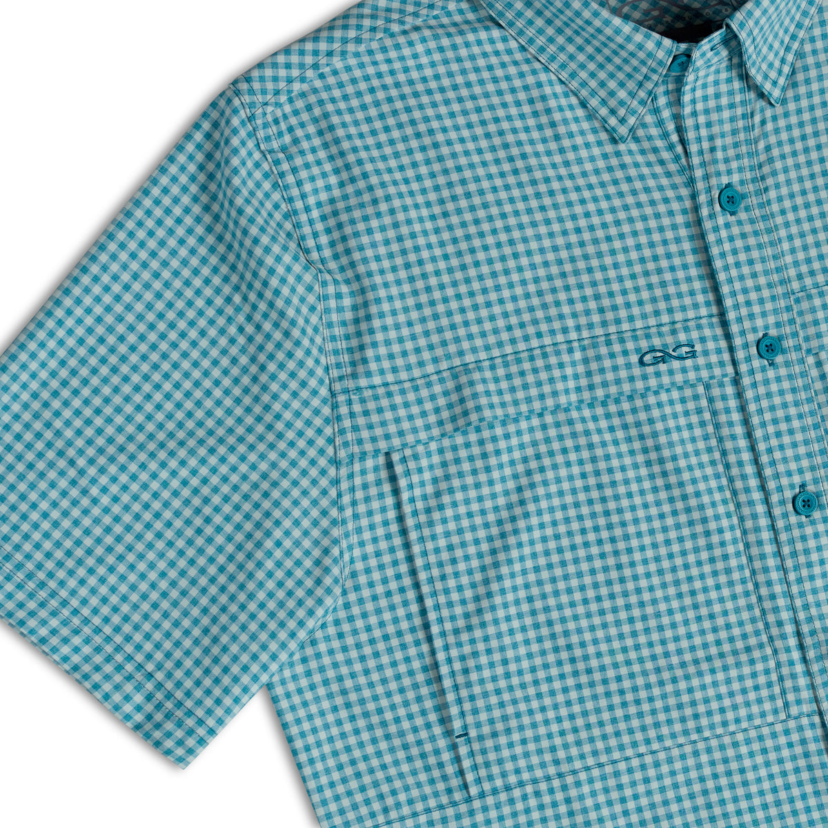 GameGuard Mahi TekCheck shirt featuring a stylish checkered pattern in blue and white, made from comfortable, durable fabric.